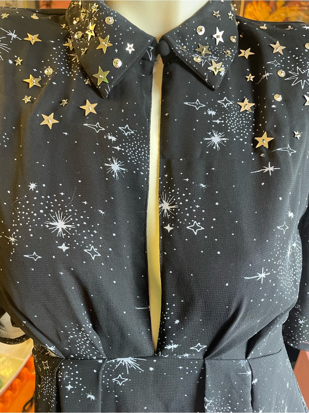 Topshop Black ✨ Celestial Star-Print bell Sleeve Fit & Flare Dress - Picture 11 of 11